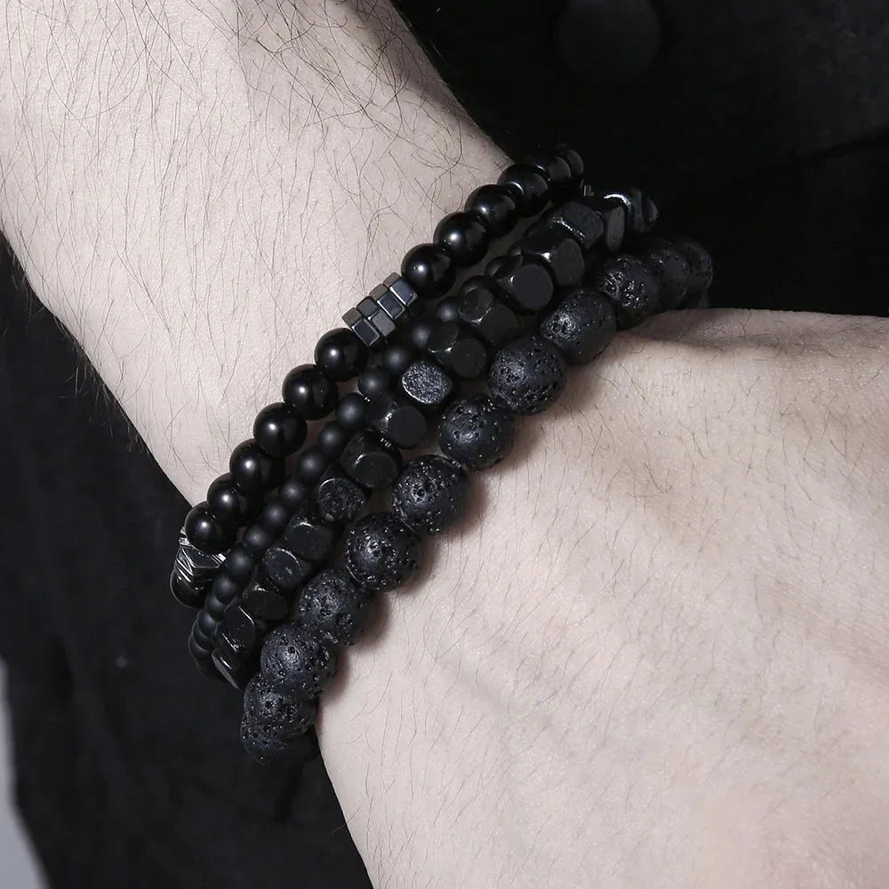 Obsidian Noir – 4-Piece Men’s Lava Stone Bracelet Set