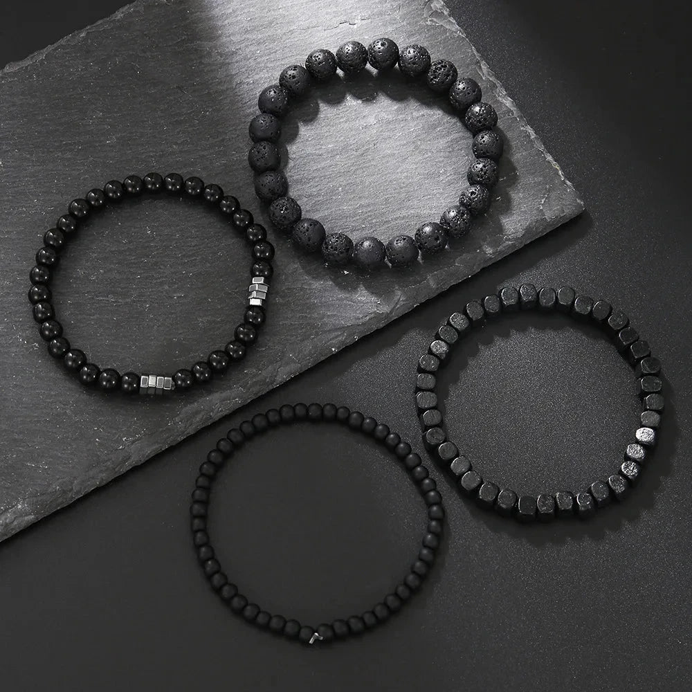 Obsidian Noir – 4-Piece Men’s Lava Stone Bracelet Set