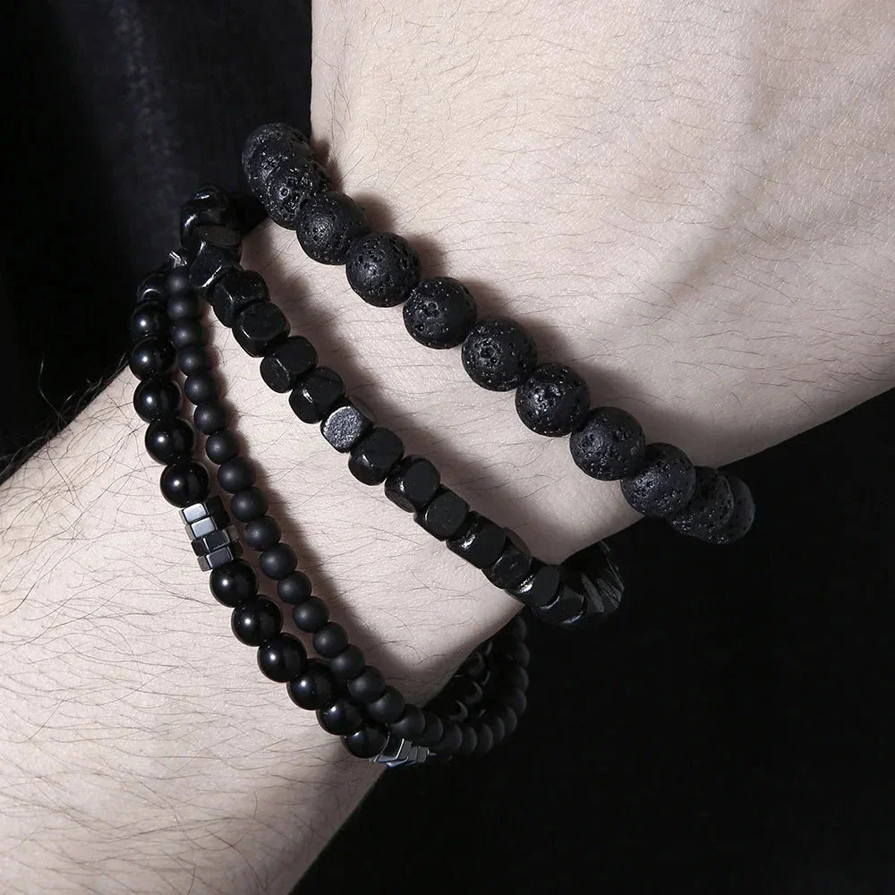 Obsidian Noir – 4-Piece Men’s Lava Stone Bracelet Set