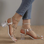 Women's Flower Rhinestone Block Heel Sandals
