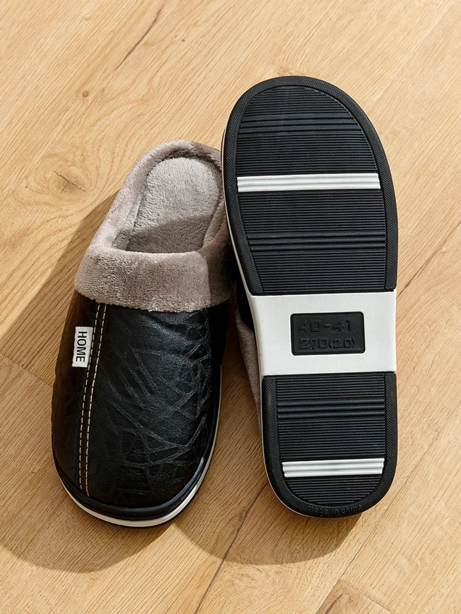 Men's Plush and Leather Winter Slippers