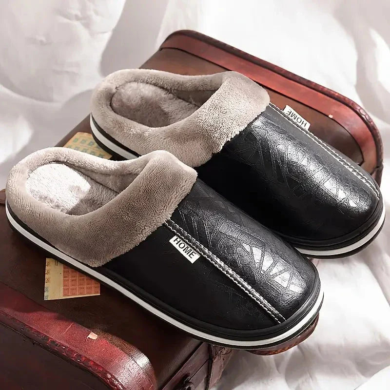 Men's Plush and Leather Winter Slippers