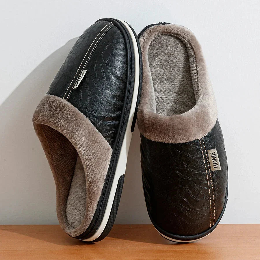 Men's Plush and Leather Winter Slippers