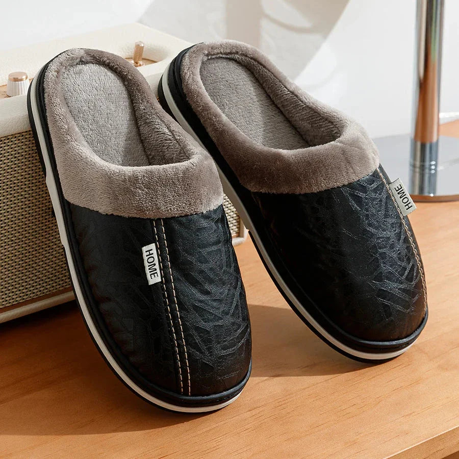 Men's Plush and Leather Winter Slippers