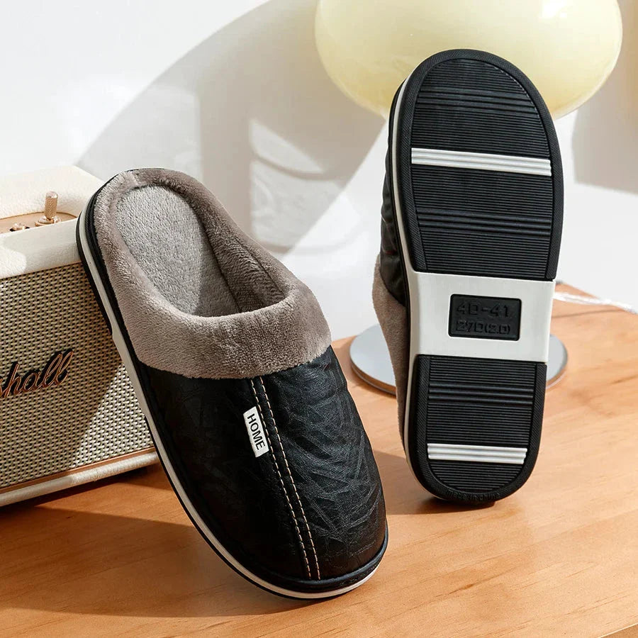 Men's Plush and Leather Winter Slippers