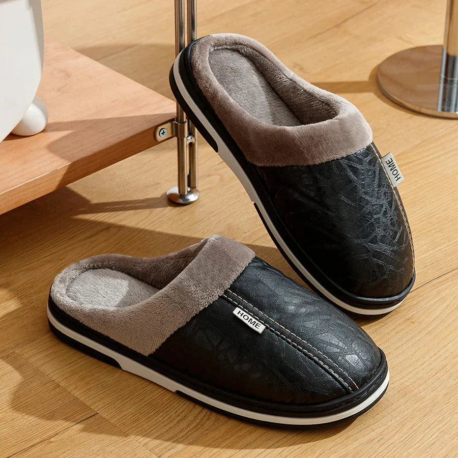 Men's Plush and Leather Winter Slippers