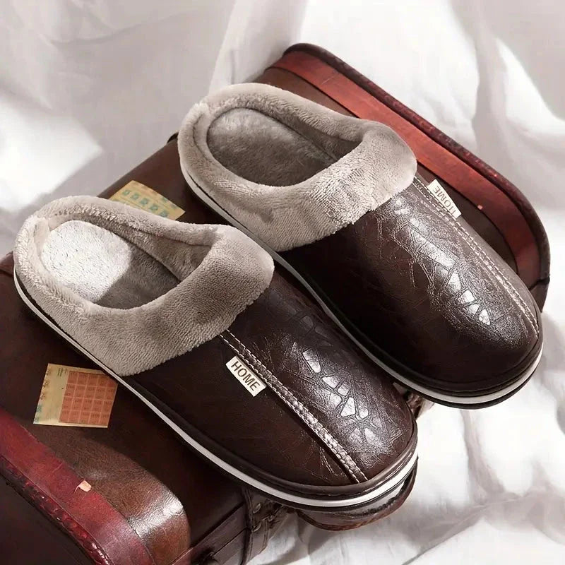 Men's Plush and Leather Winter Slippers
