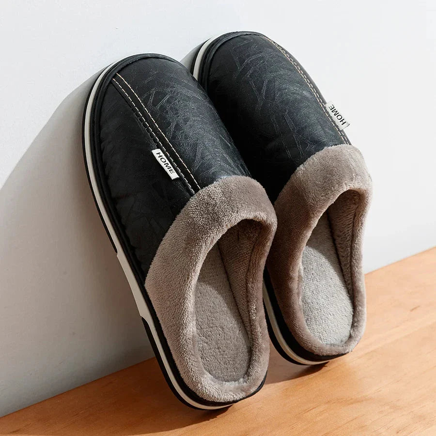 Men's Plush and Leather Winter Slippers