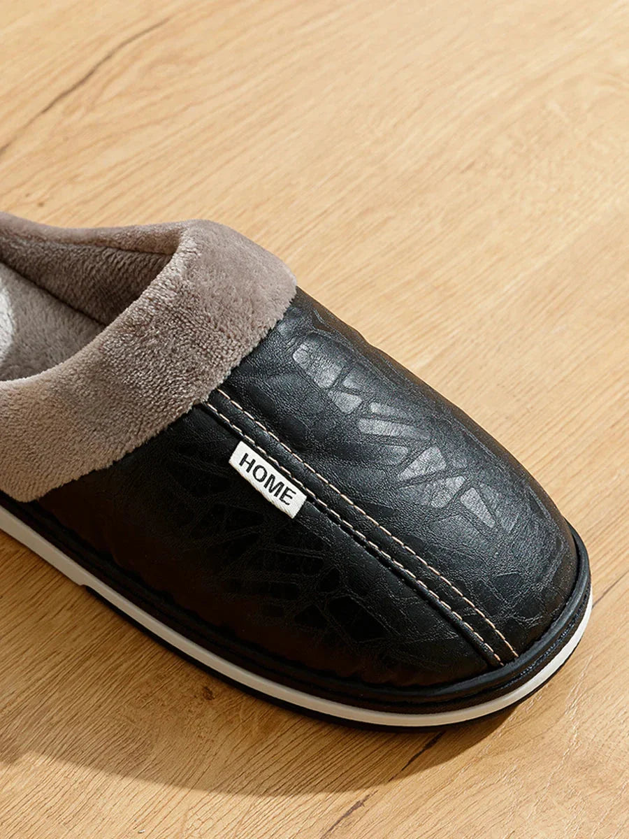 Men's Plush and Leather Winter Slippers
