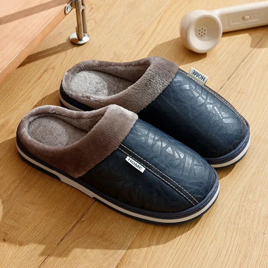 Men's Plush and Leather Winter Slippers