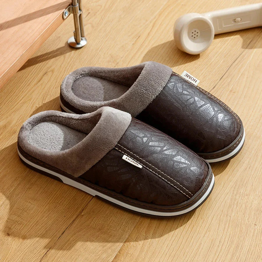 Men's Plush and Leather Winter Slippers