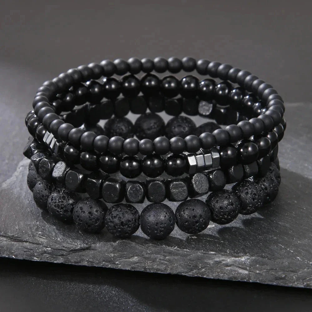 Obsidian Noir – 4-Piece Men’s Lava Stone Bracelet Set