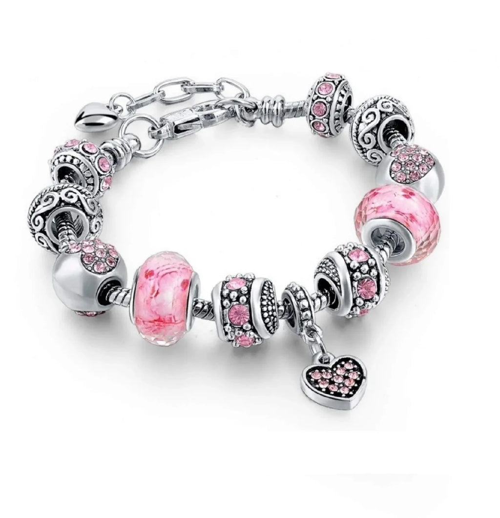 Pink Hearts Silver Plated Charm Bracelet Set