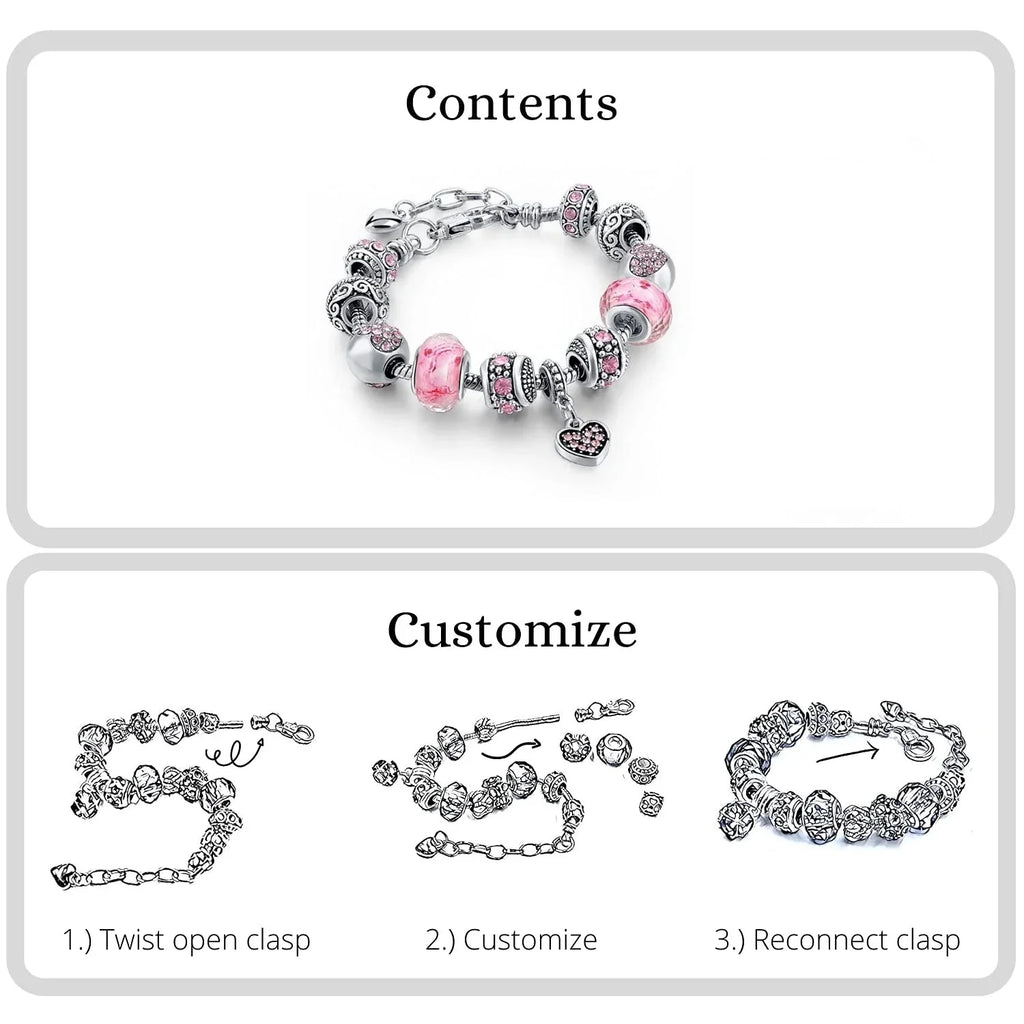 Pink Hearts Silver Plated Charm Bracelet Set