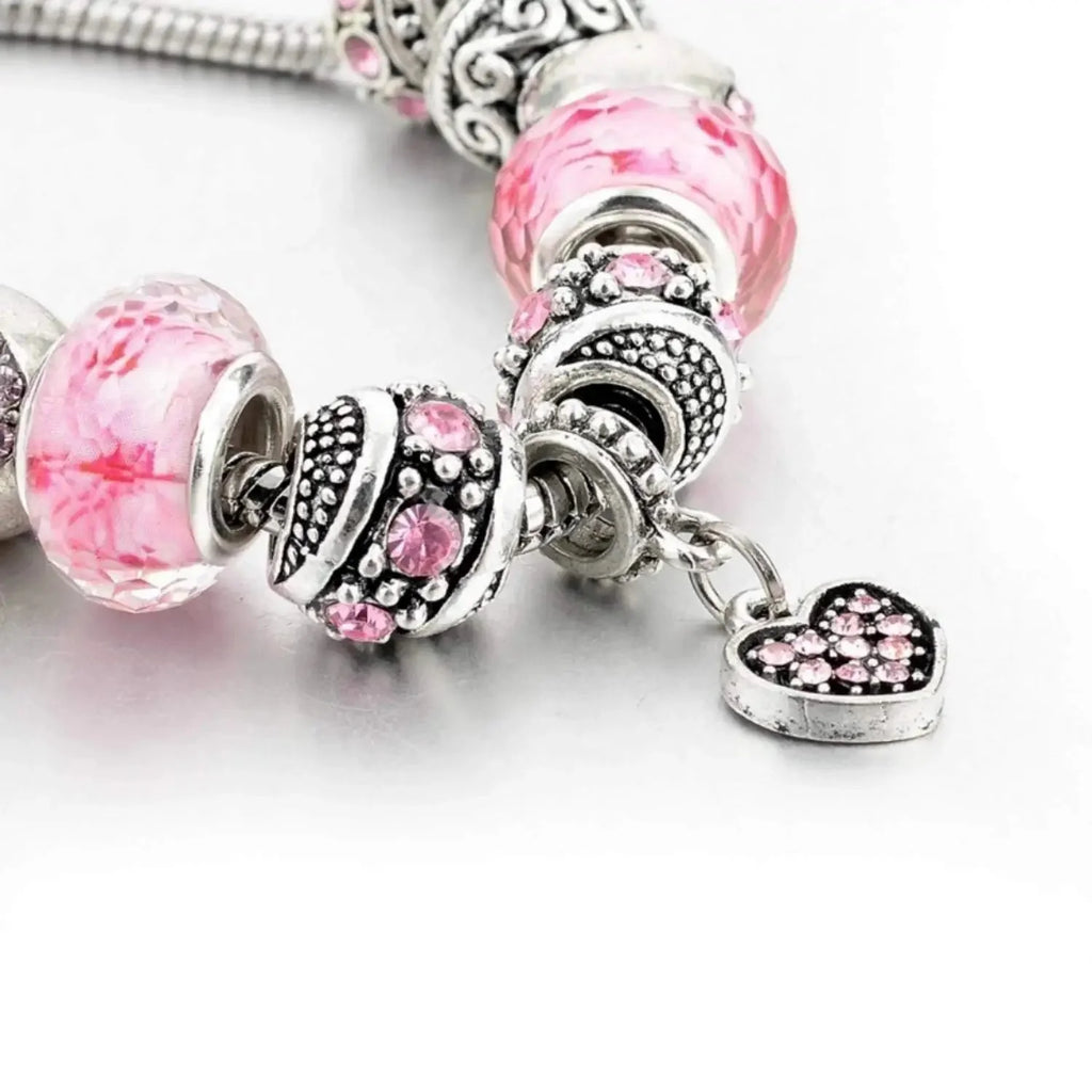 Pink Hearts Silver Plated Charm Bracelet Set