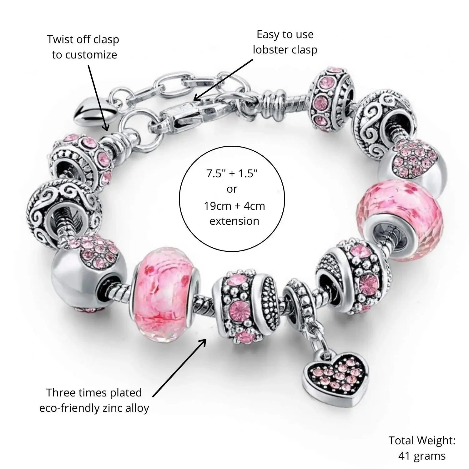 Pink Hearts Silver Plated Charm Bracelet Set