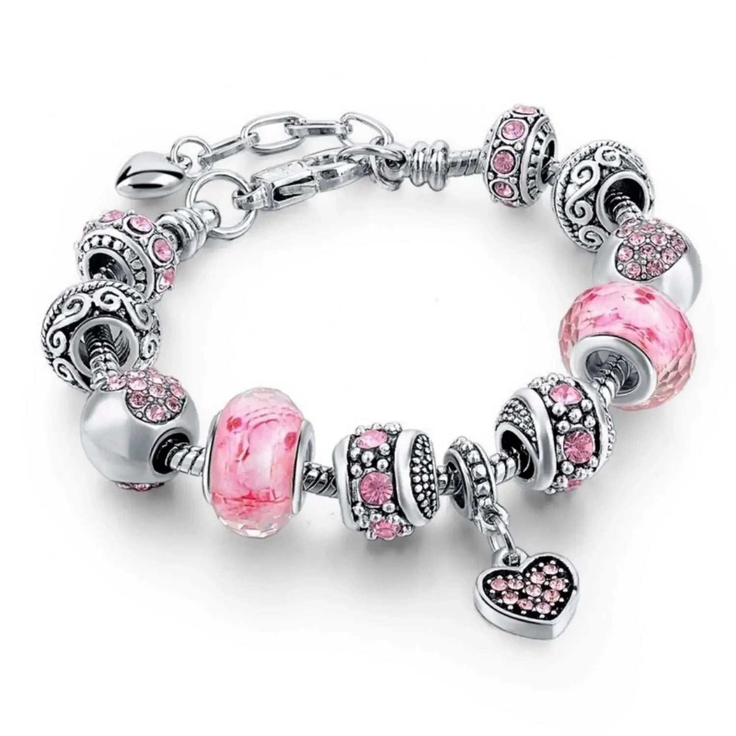Pink Hearts Silver Plated Charm Bracelet Set