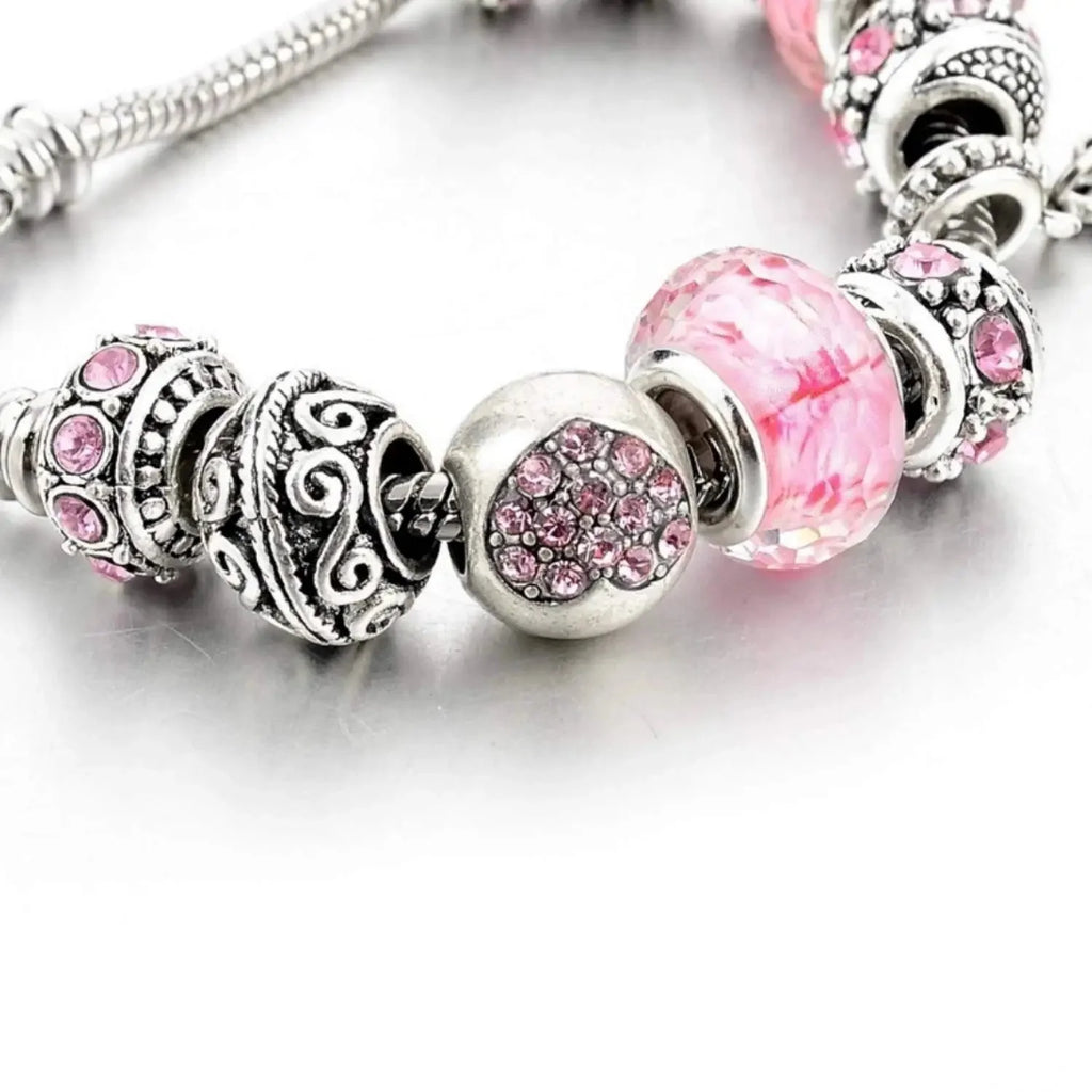 Pink Hearts Silver Plated Charm Bracelet Set