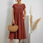 Solid Color Sleeveless Cotton and Linen Loose Pocket Dress