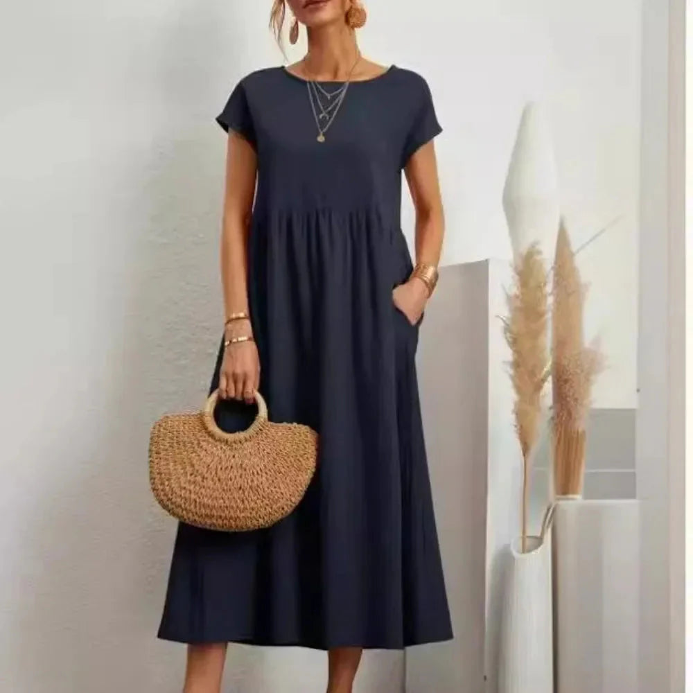 Solid Color Sleeveless Cotton and Linen Loose Pocket Dress