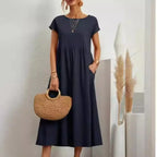 Solid Color Sleeveless Cotton and Linen Loose Pocket Dress