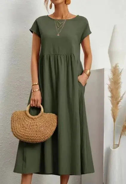 Solid Color Sleeveless Cotton and Linen Loose Pocket Dress