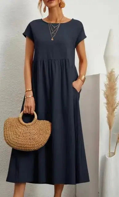 Solid Color Sleeveless Cotton and Linen Loose Pocket Dress