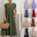 Solid Color Sleeveless Cotton and Linen Loose Pocket Dress