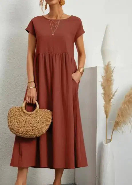 Solid Color Sleeveless Cotton and Linen Loose Pocket Dress