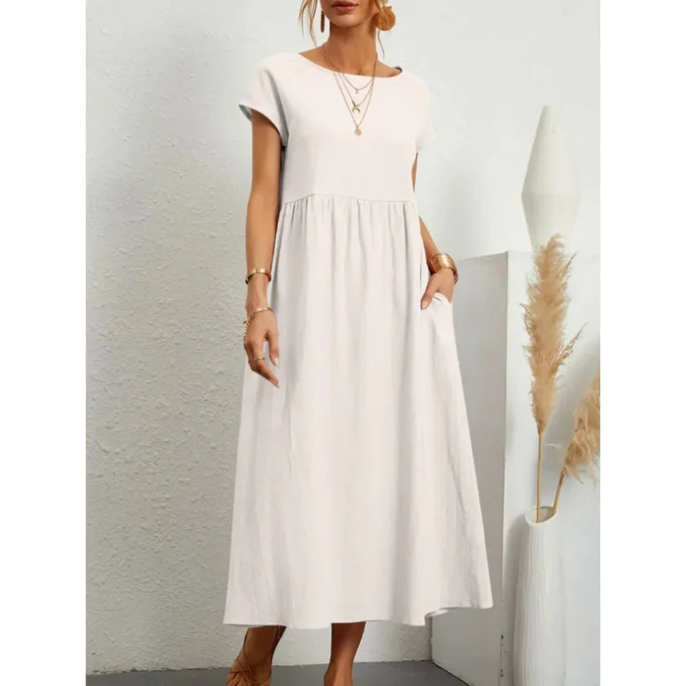 Solid Color Sleeveless Cotton and Linen Loose Pocket Dress