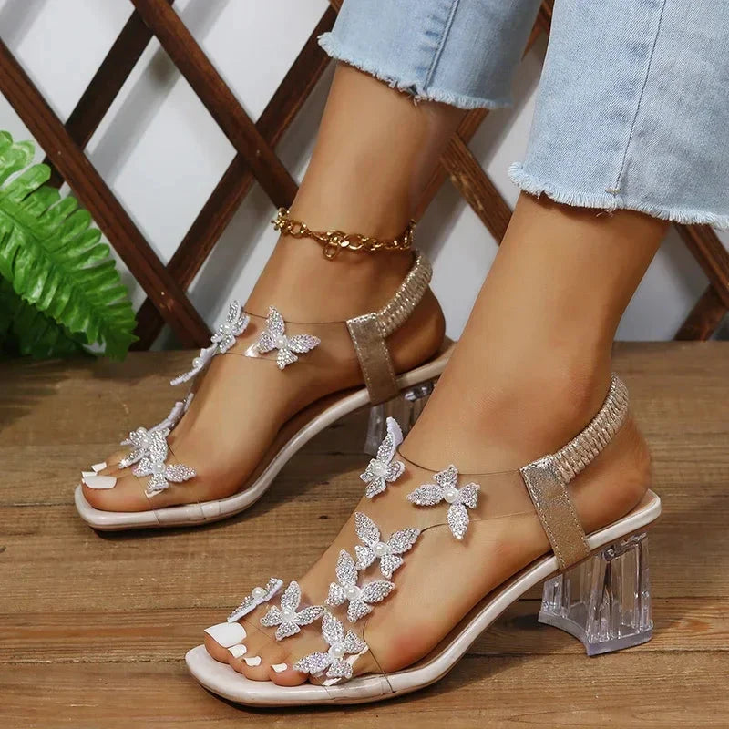 Women's Butterfly Rhinestone Block Heel Sandals
