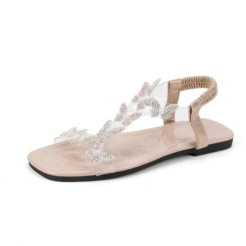 Women's Flat Sandals with Rhinestone Butterfly